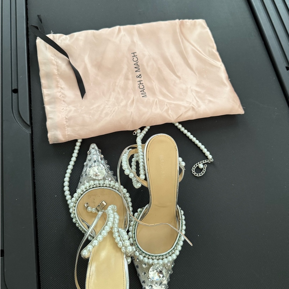 MACH & MACH Cream and Silver Strappy Heels